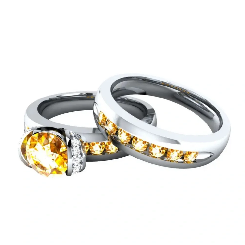 New Beautiful Sterling Silver Citrine White Sapphires 2pc Ring Set